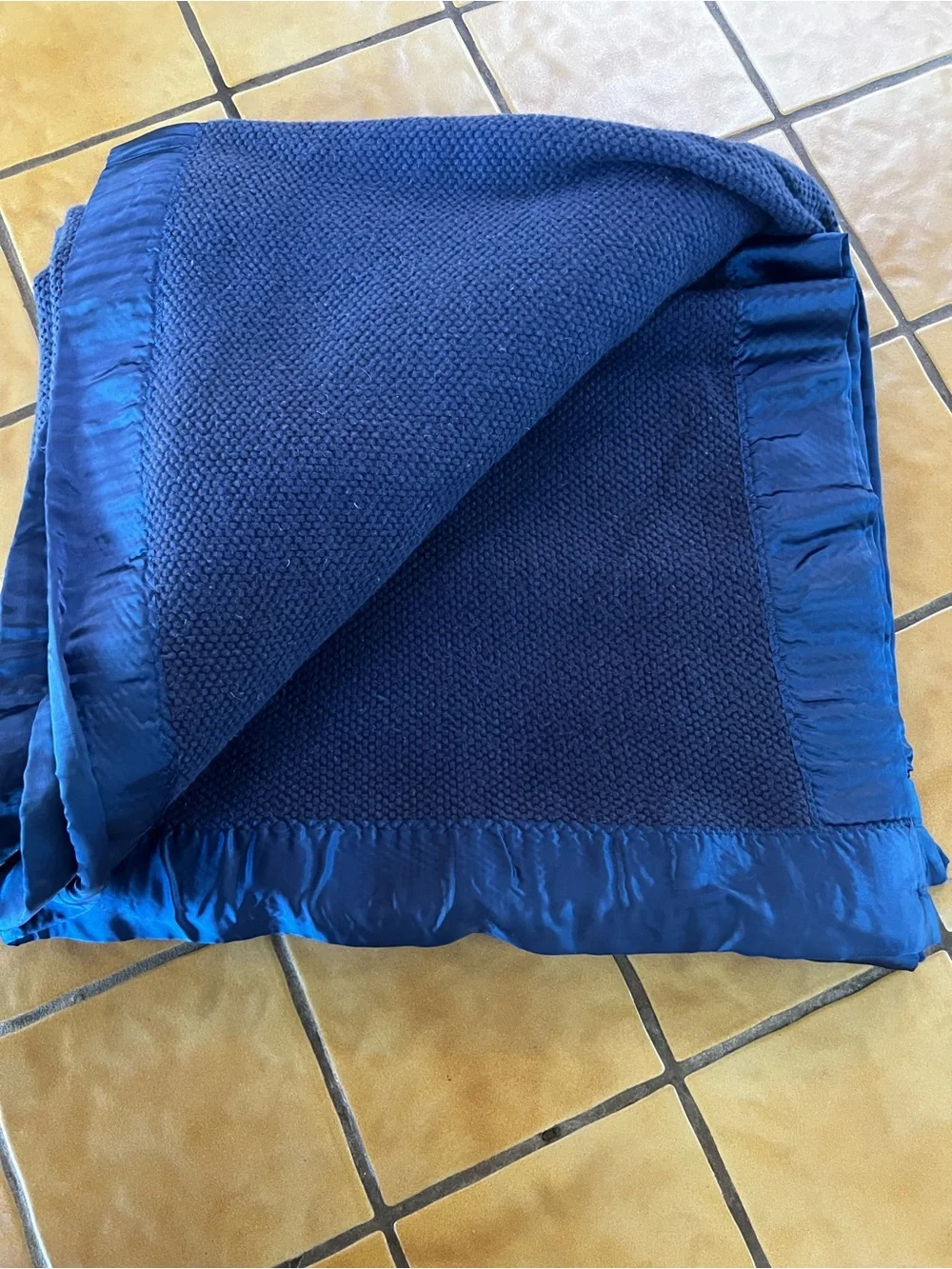 Vintage Ralph Lauren Acrylic Blanket Satin Trim Navy Blue King Size Made In USA